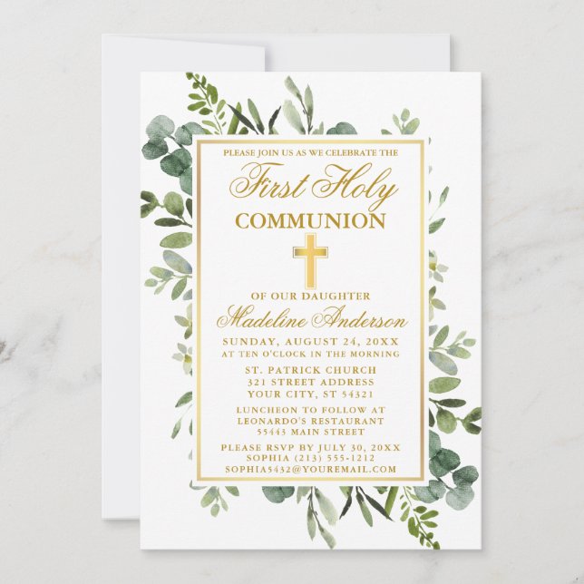 Watercolor Botanical Greenery Gold First Communion Invitation (Front)