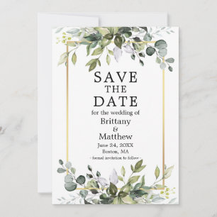 Watercolor Botanical Greenery Gold Frame Save The Date