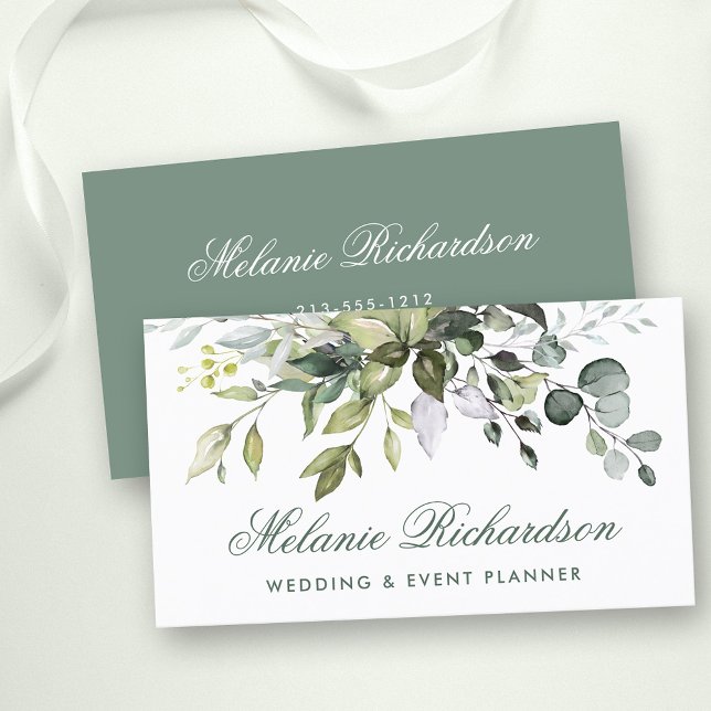 Watercolor Botanical Greenery Gold Sage Green Business Card (Customize to change text size, color or text style.)