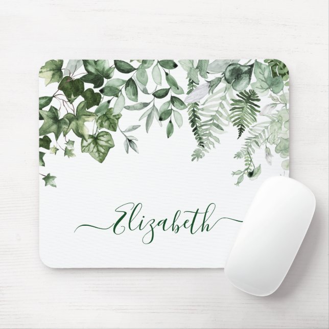 Watercolor Botanical Greenery Ivy Ferns Sage Mouse Mat (With Mouse)