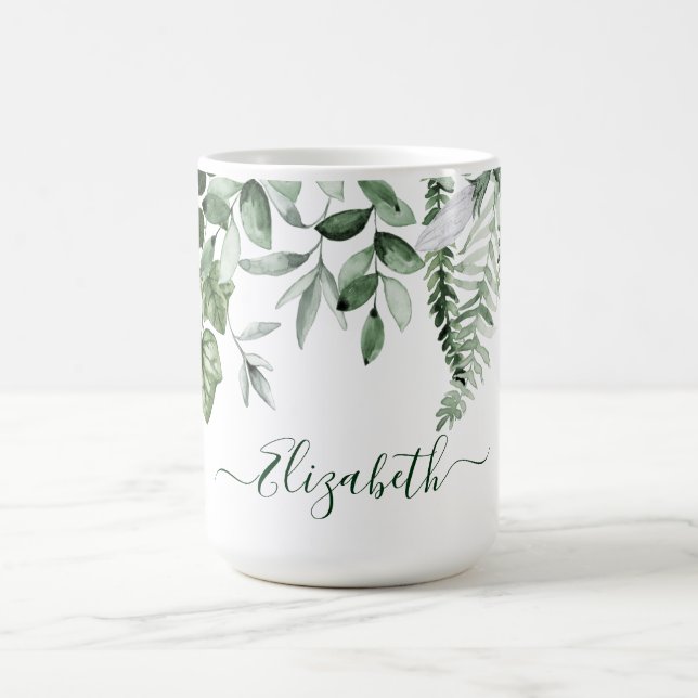 Watercolor Botanical Greenery Ivy Sage Ferns Large Coffee Mug (Center)