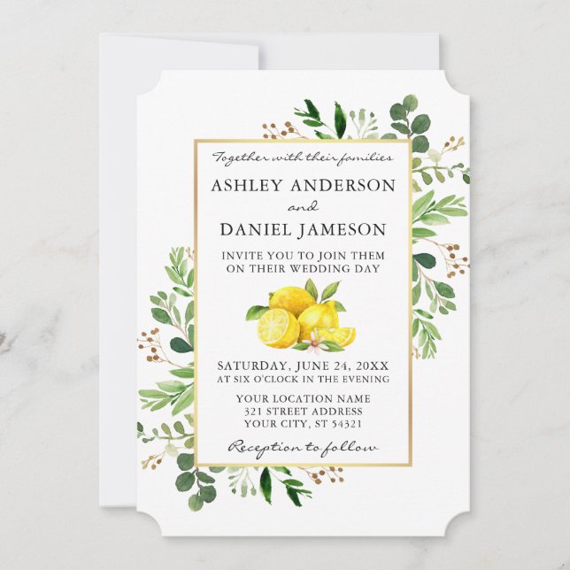 Watercolor Botanical Greenery Lemons Wedding Invitation (Front)