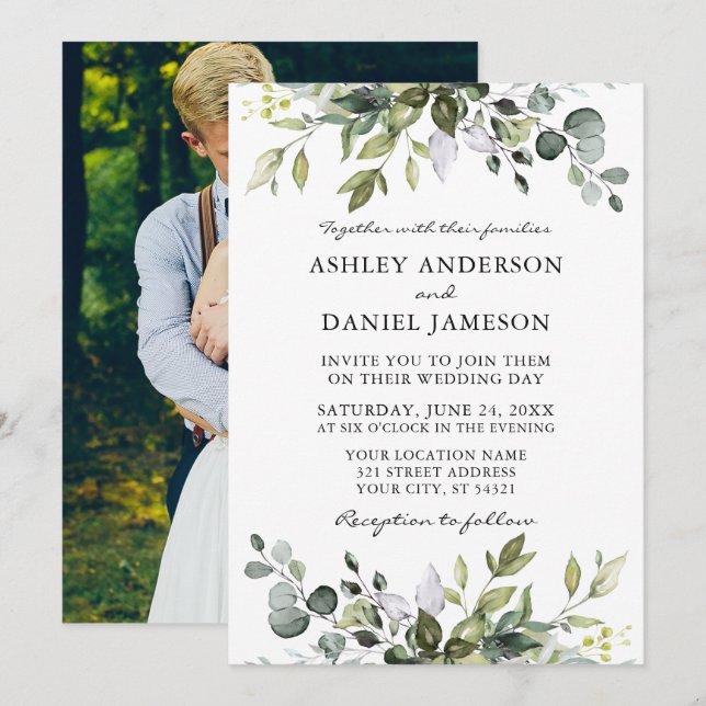 Watercolor Botanical Greenery Photo Back Wedding Invitation (Front/Back)