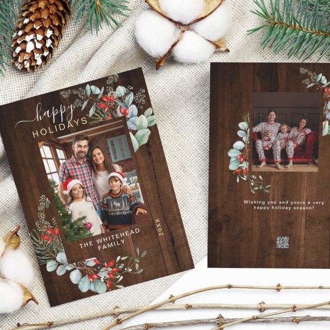 Watercolor Botanical Greenery Photo Rustic Wood Holiday Card (You will love these beautiful Christmas cards! They feature botanical watercolor pine and berries.)