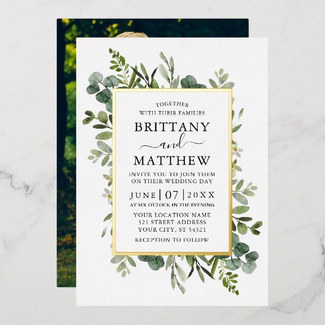 Watercolor Botanical Greenery Photo Wedding Gold (Front/Back)