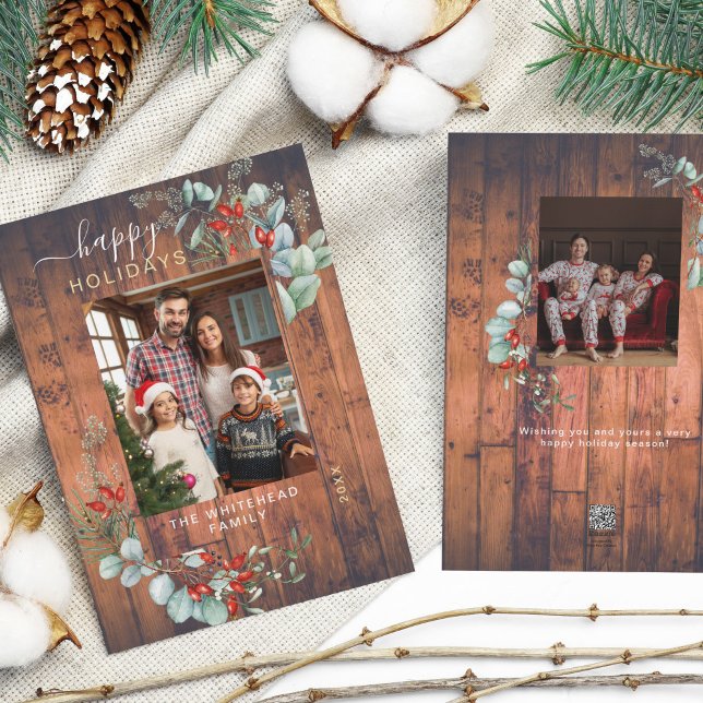 Watercolor Botanical Greenery Rustic Wood Photo Holiday Card (You will love these beautiful Christmas cards! They feature botanical watercolor pine and berries.)