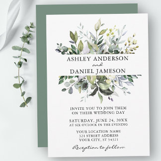 Watercolor Botanical Greenery Sage Green Wedding Invitation