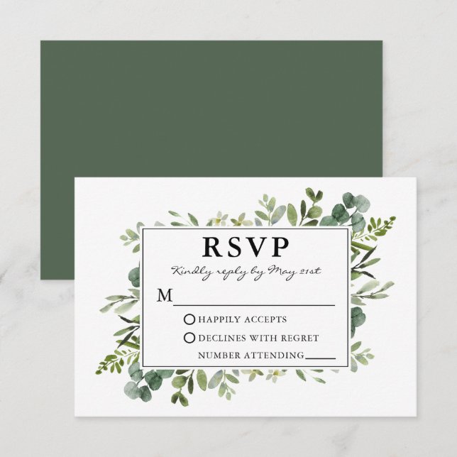 Watercolor Botanical Greenery Sage Wedding RSVP Card (Front/Back)