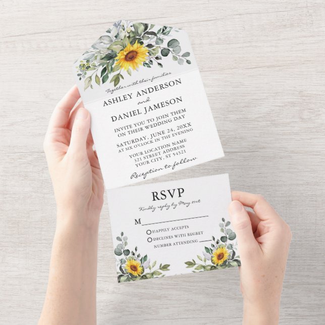 Watercolor Botanical Greenery Sunflowers Wedding All In One Invitation (Tearaway)