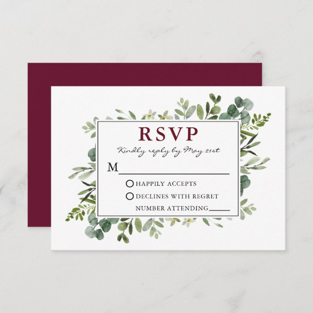 Watercolor Botanical Greenery Wedding Burgundy RSVP Card (Front/Back)