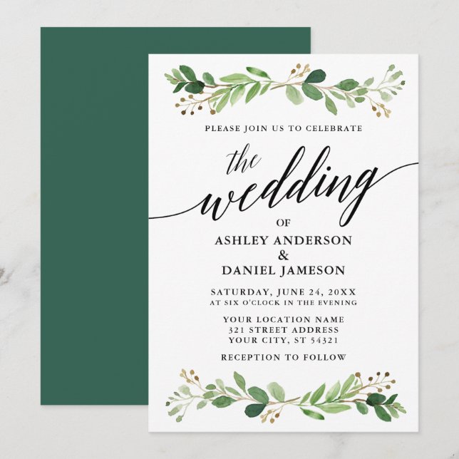 Watercolor Botanical Greenery Wedding Invitation (Front/Back)