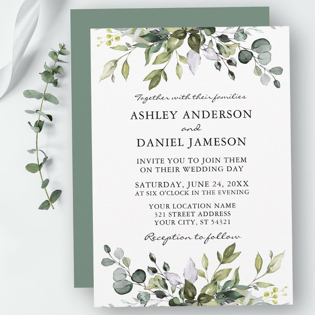 Watercolor Botanical Greenery Wedding Sage Green Invitation (Customize to change text color, style, add text & photos to back or change color of back of card.)