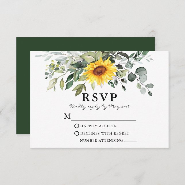 Watercolor Botanical Greenery Wedding Sunflower  RSVP Card (Front/Back)