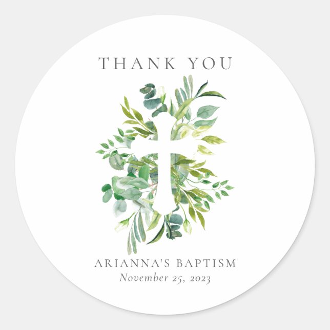 Watercolor Botanical Greens Cross Baptism Classic Round Sticker (Front)