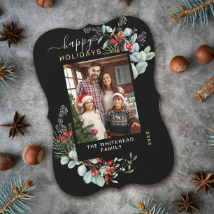 Watercolor Botanical Happy Holiday Photo Black Card