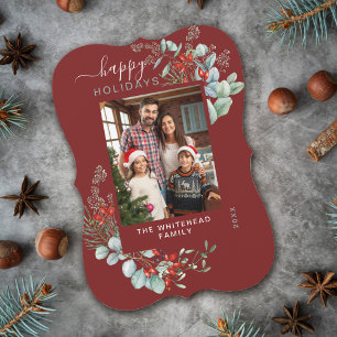 Watercolor Botanical Happy Holiday Photo Burgundy