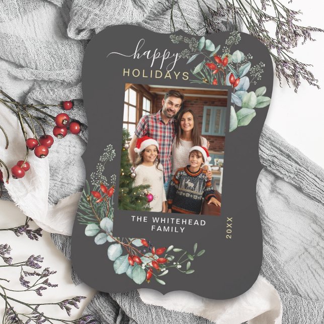 Watercolor Botanical Happy Holiday Photo Dark Grey (Creator Uploaded)