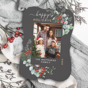 Watercolor Botanical Happy Holiday Photo Dark Grey Card