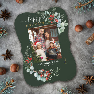 Watercolor Botanical Happy Holiday Photo Green