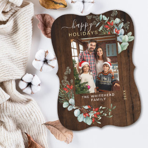 Watercolor Botanical Happy Holiday Photo Wood