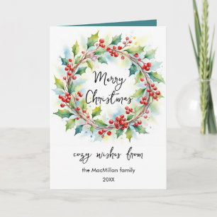 Watercolor Botanical Holly And Berries Wreath Card