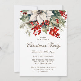 Watercolor Botanical Holly Berries Christmas Party Invitation