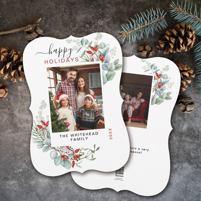 Watercolor Botanical Holly Photo Holiday Card (You will love these beautiful Christmas cards! They feature botanical watercolor pine and berries.)