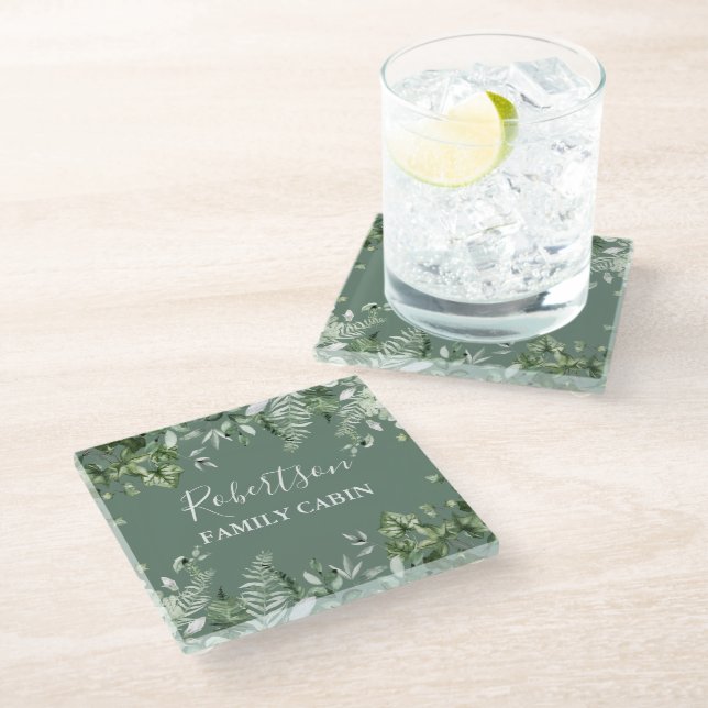 Watercolor Botanical Ivy Ferns Cabin Sage Green Glass Coaster (Angled)