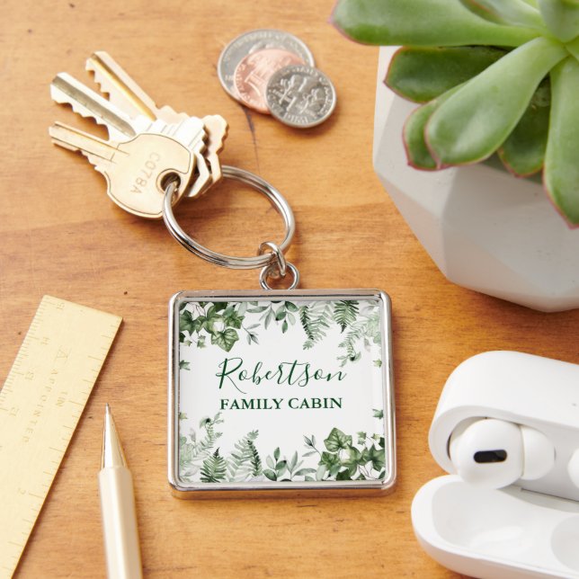 Watercolor Botanical Ivy Ferns Sage Family Cabin Key Ring (Desk)