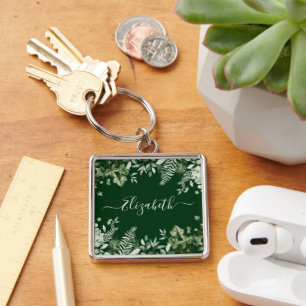 Watercolor Botanical Ivy Sage Ferns Green Key Ring