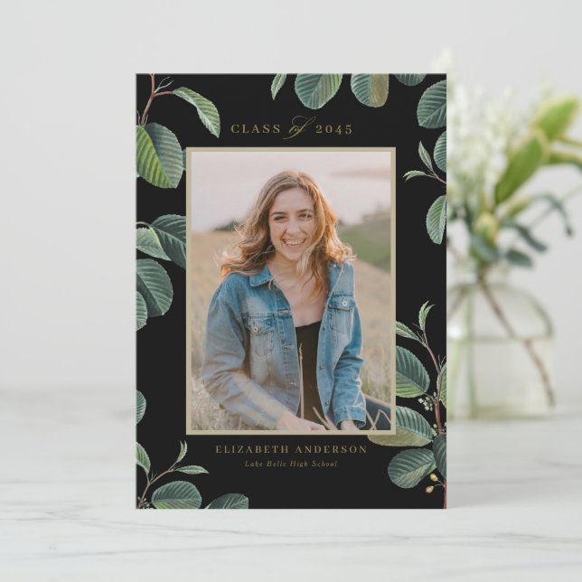 Watercolor Botanical Leaves Black Photo Graduation Announcement (Standing Front)