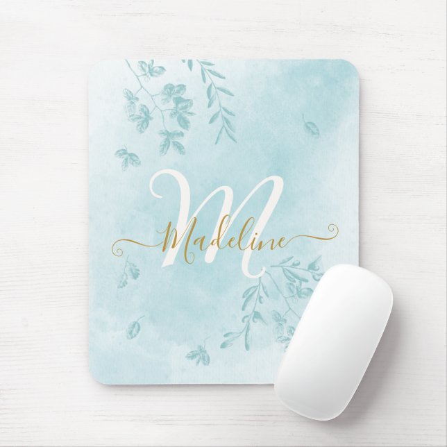 Watercolor Botanical Leaves Foliage Blue Monogram Mouse Mat (With Mouse)