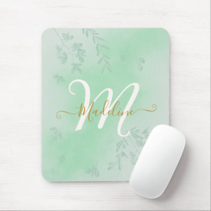 Watercolor Botanical Leaves Foliage Green Monogram Mouse Mat