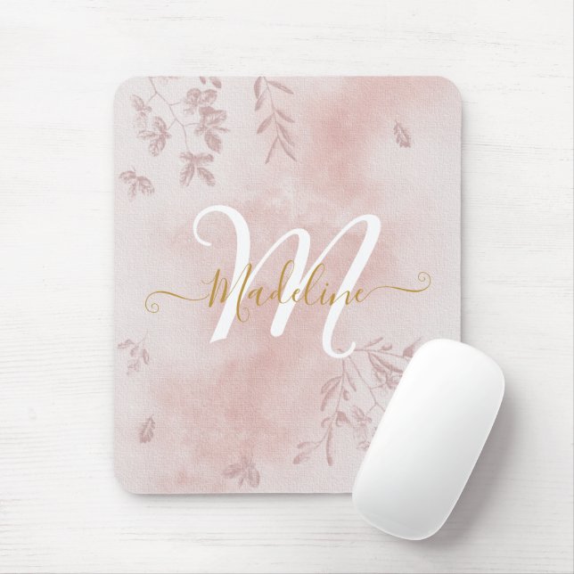 Watercolor Botanical Leaves Foliage Pink Monogram Mouse Mat (With Mouse)
