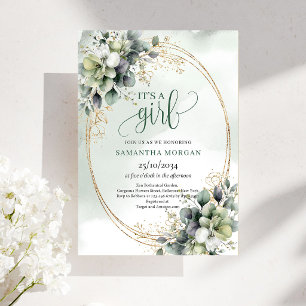 Watercolor Botanical Leaves It’s A Girl Invitation