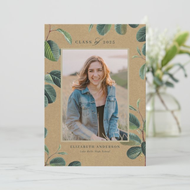 Watercolor Botanical Leaves Kraft Photo Graduation Announcement (Standing Front)