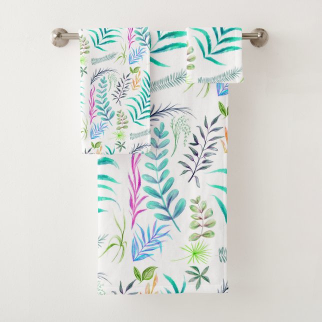 Watercolor Botanical Leaves Pattern White Bath Towel Set (Insitu)