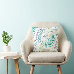Watercolor Botanical Leaves Pattern White Cushion