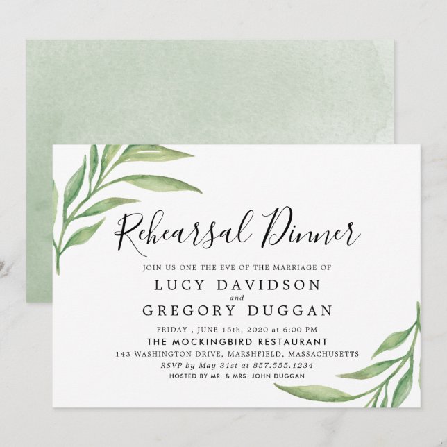 Watercolor Botanical Leaves Rehearsal Dinner Invitation (Front/Back)