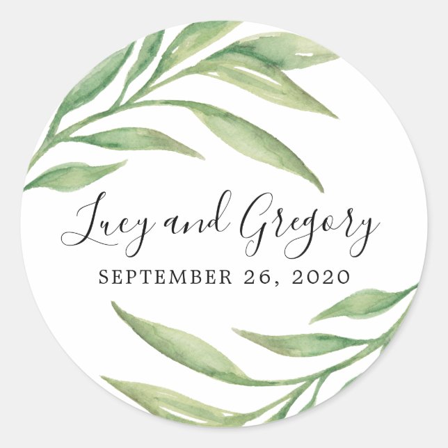 Watercolor Botanical Leaves | Wedding Favour Classic Round Sticker (Front)