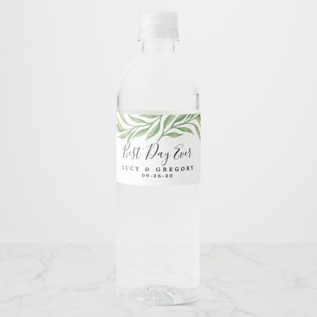 Watercolor Botanical Leaves | Wedding Water Bottle Label (Front)