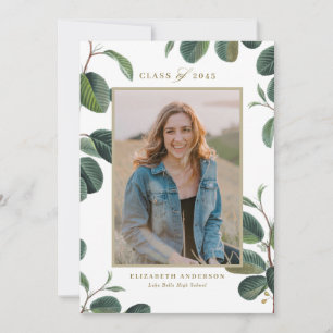 Watercolor Botanical Leaves White Photo Graduation Announcement