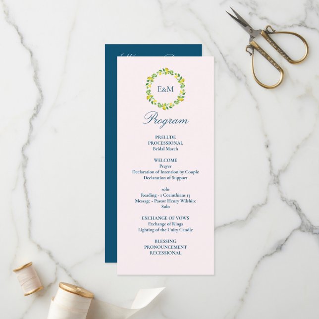 Watercolor Botanical Lemon Blue Wedding Programme (Front/Back In Situ)