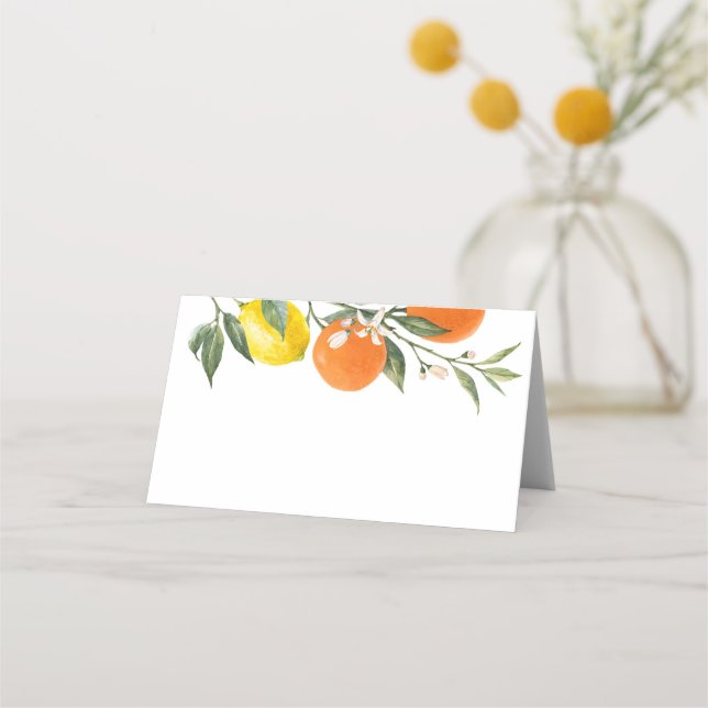Watercolor Botanical Lemons and Oranges Wedding Place Card (Front)
