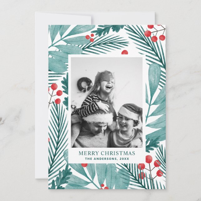 Watercolor Botanical Merry Christmas Family Photo Holiday Card (Front)