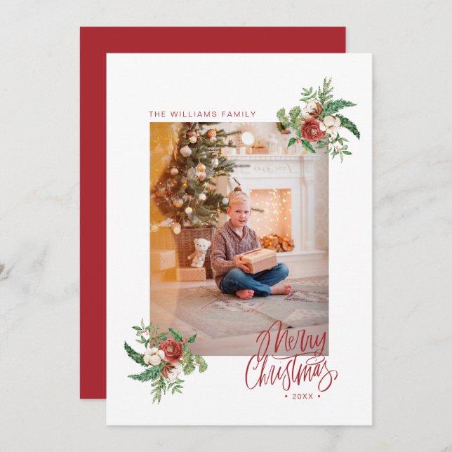 Watercolor Botanical Merry Christmas Photo Holiday (Front/Back)