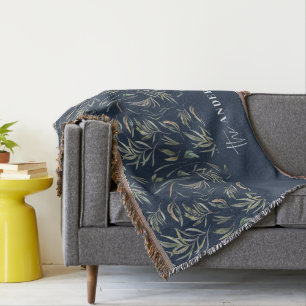 Watercolor botanical navy elegant family decor throw blanket