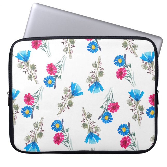 Watercolor botanical pattern of bright pink spring laptop sleeve (Front)