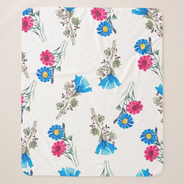 Watercolor botanical pattern of bright pink spring sherpa blanket (Front)