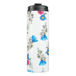 Watercolor botanical pattern of bright pink spring thermal tumbler